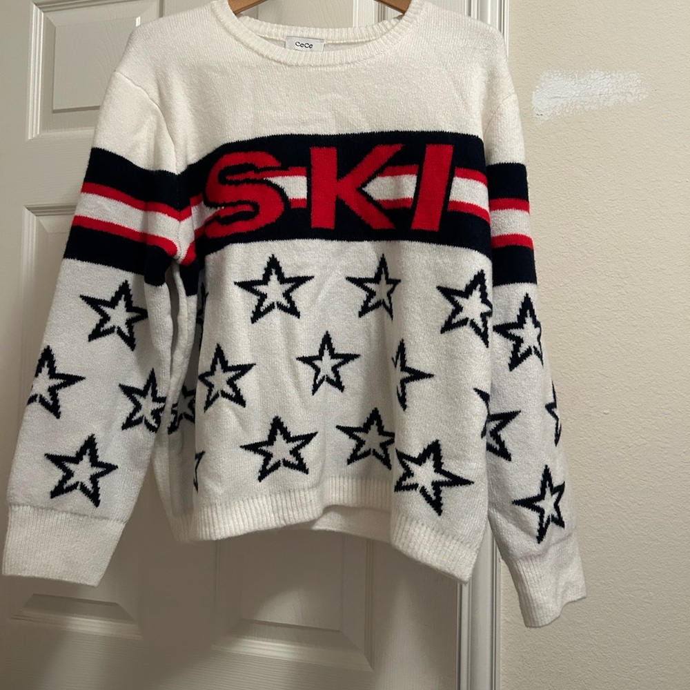 Ski Sweater CeCe White, Black & Red 'SKI' Star Crewneck